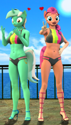 Size: 2160x3840 | Tagged: safe, artist:dawnyr, artist:dawnyrs, imported from derpibooru, lyra heartstrings, sunny starscout, anthro, earth pony, unicorn, 3d, belly button, bikini, clothes, duo, duo female, feet, female, g4, g5, g5 to g4, generation leap, high heels, high res, my little pony: a new generation, nexgen, open-toed shoes, peace sign, shoes, source filmmaker, sports bra, sports swimsuit, swimsuit, toes