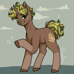 Size: 1024x1024 | Tagged: safe, artist:brot-art, imported from derpibooru, oc, oc only, oc:coffee bean, pony, unicorn, coat markings, colored hooves, grin, male, raised hoof, short mane, short tail, smiling, socks (coat markings), solo, stallion, sternocleidomastoid, tail