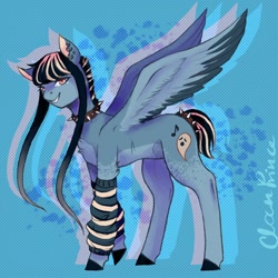 Size: 1024x1024 | Tagged: safe, artist:brot-art, imported from derpibooru, oc, pegasus, pony, abstract background, bangs, choker, clothes, concave belly, leg warmers, long bangs, male, pale belly, pegasus oc, sidebangs, spiked choker, spread wings, stallion, wings