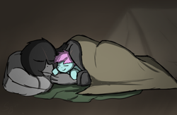 Size: 2190x1431 | Tagged: safe, artist:somber, imported from derpibooru, oc, oc only, oc:dummy, earth pony, griffon, fallout equestria, bed, cuddling, cute, female, griffon oc, male, pillow, snuggling