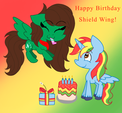 Size: 1400x1299 | Tagged: safe, artist:madlilon2051, imported from derpibooru, oc, oc only, oc:shield wing, alicorn, pony, abstract background, alicorn oc, base used, cake, duo, eyelashes, food, happy birthday, horn, male, party horn, present, smiling, stallion, wings