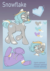 Size: 2894x4093 | Tagged: safe, artist:snowflake_pone, imported from derpibooru, oc, oc only, oc:snowflake, pony, unicorn, clothes, crystal heart, description, female, glasses, gradient background, heart, hoodie, looking at you, multicolored mane, no pupils, reference sheet, short hair, short tail, smiling, solo, tail