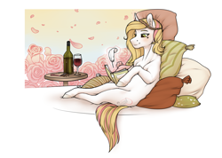 Size: 2000x1426 | Tagged: safe, artist:royvdhel-art, imported from derpibooru, oc, oc only, oc:crystal wishes, pony, alcohol, book, female, glowing, glowing horn, horn, magic, mare, pillow, quill, reading, sitting, smiling, telekinesis, wine