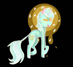 Size: 1024x939 | Tagged: safe, artist:shinyantlers, imported from derpibooru, lyra heartstrings, pony, unicorn, black background, female, horn, leonine tail, one eye closed, simple background, smiling, solo, tail, wink