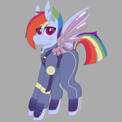 Size: 1724x1724 | Tagged: safe, artist:shinyantlers, imported from derpibooru, rainbow dash, pegasus, pony, alternate timeline, amputee, apocalypse dash, artificial wings, augmented, clothes, crystal war timeline, female, gray background, mare, prosthetic limb, prosthetic wing, prosthetics, simple background, smiling, solo, torn ear, wings