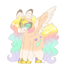 Size: 1963x1963 | Tagged: safe, artist:shinyantlers, imported from derpibooru, oc, oc only, alicorn, pony, alicorn oc, colored wings, female, hoof shoes, horn, mare, multicolored hair, rainbow hair, simple background, smiling, solo, transparent background, two toned wings, wings