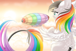 Size: 4251x2834 | Tagged: safe, artist:schokocream, imported from derpibooru, oc, oc only, oc:lightning bliss, alicorn, pony, airship, alicorn oc, chest fluff, ear fluff, female, flying, horn, mare, multicolored hair, outdoors, rainbow hair, wings, zeppelin