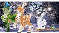 Size: 5376x2976 | Tagged: safe, artist:schokocream, imported from derpibooru, oc, oc only, oc:lightning bliss, oc:tyandaga, deer, pony, reindeer, antlers, chest fluff, ear fluff, female, male, mare, outdoors, smiling, snow