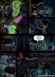 Size: 2408x3400 | Tagged: safe, artist:tarkron, imported from derpibooru, bon bon, dj pon-3, octavia melody, sweetie drops, vinyl scratch, oc, changeling, earth pony, hybrid, pegasus, pony, undead, unicorn, comic:fusing the fusions, comic:time of the fusions, background pony, blast, bone, bucking, clothes, combat, comic, commissioner:bigonionbean, cutie mark, dialogue, draining, female, fight, friendship express, glasses, guard, high res, horn, horrified, levitation, magic, magic blast, mailbag, male, mare, noises, panel, panic, panicking, rain, random pony, royal guard, scared, shocked, skeleton, soldier, soldier pony, squint, stallion, storm, straight, sword, telekinesis, terrified, terror, train, train car, vault, weapon, wings, writer:bigonionbean