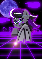 Size: 900x1280 | Tagged: safe, artist:tranzmuteproductions, imported from derpibooru, oc, oc only, bat pony, pony, bat pony oc, bat wings, bust, female, full moon, moon, smiling, solo, synthwave, tattoo, wings