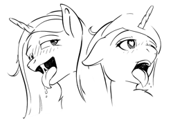 Size: 3508x2480 | Tagged: safe, artist:madgehog, imported from derpibooru, princess cadance, alicorn, ahegao, black and white, female, grayscale, happy, heart, high res, lineart, looking at you, mawshot, monochrome, open mouth, simple background, tongue out, white background