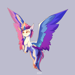 Size: 3000x3000 | Tagged: safe, artist:celes-969, imported from derpibooru, zipp storm, pegasus, pony, belly, female, flying, g5, gray background, high res, large wings, lidded eyes, mare, my little pony: a new generation, simple background, smiling, smirk, solo, spread wings, wing fluff, wings