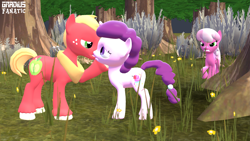 Size: 3413x1920 | Tagged: safe, artist:gradiusfanatic, imported from derpibooru, big macintosh, cheerilee, sugar belle, earth pony, pony, unicorn, 3d, female, kissing, male, mare, source filmmaker, stallion, unshorn fetlocks