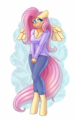 Size: 2208x3508 | Tagged: safe, artist:dandy, edit, editor:fluffer, imported from derpibooru, fluttershy, anthro, pegasus, unguligrade anthro, :3, blushing, breasts, busty fluttershy, cleavage, cute, female, floppy ears, high res, looking at you, mare, shy, shyabetes, smiling, smiling at you, solo, wings