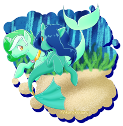 Size: 1024x1051 | Tagged: safe, artist:rinkunokoisuru, imported from derpibooru, oc, oc only, earth pony, merpony, seapony (g4), unicorn, blue mane, female, fish tail, flowing mane, flowing tail, green mane, horn, jewelry, looking at each other, necklace, ocean, red eyes, seaponified, seaweed, signature, simple background, smiling, species swap, swimming, tail, transparent background, underwater, water, yellow eyes