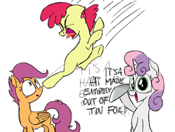 Size: 800x600 | Tagged: safe, artist:broken-pen, imported from derpibooru, apple bloom, scootaloo, sweetie belle, earth pony, pegasus, pony, unicorn, cutie mark crusaders, female, filly, hat, imminent pain, kick, ouch, text, this will end in pain, tinfoil hat, trio