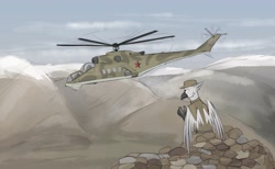 Size: 4000x2457 | Tagged: safe, artist:observerdoz, imported from derpibooru, oc, oc only, griffon, griffon oc, helicopter, high res, male, mi-24, military, mountain, sitting, solo focus