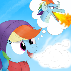 Size: 1512x1512 | Tagged: safe, artist:eels, imported from derpibooru, rainbow dash, dragon, pegasus, pony, breath, clothes, cute, dashabetes, dragonified, female, fire, fire breath, hat, mare, meme, open mouth, open smile, ponified meme, rainbow dragon, scarf, smiling, solo, species swap, thought bubble, winter