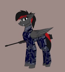 Size: 2000x2200 | Tagged: safe, artist:observerdoz, imported from derpibooru, oc, oc only, oc:burning shadow, pegasus, pony, undead, vampire, body armor, camouflage, clothes, fangs, female, gun, high res, military, military uniform, pegasus oc, ponytail, simple background, solo, uniform, weapon