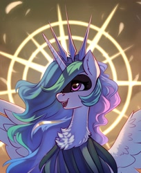 Size: 1734x2122 | Tagged: safe, artist:taneysha, imported from derpibooru, princess celestia, alicorn, pony, chest fluff, crossover, feather, female, halo, hollow knight, mare, open mouth, open smile, smiling, solo, spikes, spread wings, the radiance, wings