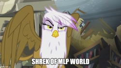 Size: 888x499 | Tagged: safe, edit, edited screencap, imported from derpibooru, screencap, gilda, griffon, the lost treasure of griffonstone, caption, female, image macro, meme, raised eyebrow, shrek, solo, text