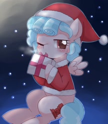 Size: 1765x2035 | Tagged: dead source, safe, artist:ginmaruxx, imported from derpibooru, cozy glow, pegasus, pony, christmas, cozybetes, cute, female, filly, flying, hat, holding, holiday, looking at you, moonlight, night, one eye closed, present, santa hat, solo, stars, wink, winking at you