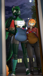 Size: 2160x3840 | Tagged: safe, artist:donglysfm, imported from derpibooru, oc, oc:emerald dusk, oc:fireberry, anthro, deer, dracony, dragon, hybrid, plantigrade anthro, art pack:trick or treat 2021, 3d, :p, antlers, clothes, costume, deer oc, dracony oc, forked tongue, garden gnome, gnome chompski, halloween, halloween 2021, halloween costume, high res, holiday, horns, jack-o-lantern, lawn gnome, left 4 dead, mismatched socks, moon, night, ok hand emoji, pumpkin, revamped anthros, shoes, size difference, socks, source filmmaker, tongue out, trick or treat, zoey