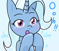 Size: 370x320 | Tagged: safe, alternate version, artist:batipin, imported from derpibooru, part of a set, trixie, pony, unicorn, blushing, clapping, cropped, female, open mouth, solo