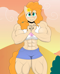 Size: 1659x2048 | Tagged: safe, artist:matchstickman, imported from derpibooru, pear butter, anthro, earth pony, the perfect pear, abs, biceps, blushing, breasts, busty pear butter, clothes, deltoids, female, hands together, looking at you, mare, matchstickman's pear buffer series, midriff, muscles, muscular female, pear buffer, scene interpretation, shorts, solo, sports bra, sunset, thighs, thunder thighs, vulgar description