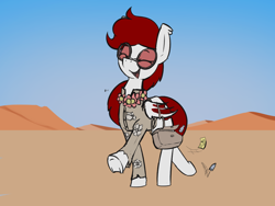 Size: 1054x791 | Tagged: safe, artist:triplesevens, imported from derpibooru, oc, oc only, oc:sarsaparilla surprise, bat pony, pony, /mlptg/ the bannermanes, clothes, cute, desert, eyes closed, female, glasses, ocbetes, solo