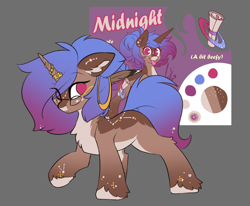 Size: 2252x1857 | Tagged: safe, artist:beardie, imported from derpibooru, oc, oc only, oc:midnight winds, pony, unicorn, :p, chest fluff, constellation, ear fluff, eyebrows, eyebrows visible through hair, female, glasses, horn, horn jewelry, jewelry, looking at you, no pupils, reference sheet, simple background, solo, tongue out, unshorn fetlocks