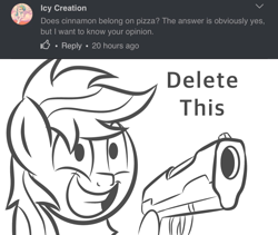 Size: 828x700 | Tagged: safe, artist:pizzamovies, imported from derpibooru, oc, oc only, oc:pizzamovies, earth pony, pony, series:ask pizzamovies, canterlot avenue, gun, handgun, male, pistol, reaction image, simple background, smiling, solo, this will end in tears, weapon