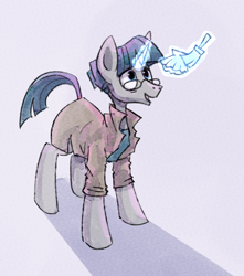 Size: 1280x1450 | Tagged: dead source, safe, artist:currantbush, imported from derpibooru, stygian, pony, unicorn, clothes, coat, cute, glasses, glowing, glowing horn, horn, male, open mouth, seashell, solo, stallion, stygianbetes