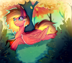 Size: 3415x3000 | Tagged: safe, artist:rainbowgirlyt, imported from derpibooru, oc, oc only, pegasus, pony, apple, female, food, high res, lying down, pegasus oc, prone, solo, tree