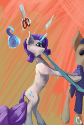 Size: 4160x6144 | Tagged: safe, artist:thelordgemm, imported from derpibooru, rarity, pony, unicorn, bipedal, bipedal leaning, female, glowing, glowing horn, horn, leaning, magic, mannequin, mouth hold, scissors, skinny, slim, solo, telekinesis, thin