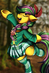 Size: 2595x3834 | Tagged: safe, artist:pridark, imported from derpibooru, oc, oc only, oc:biolachan breeze, earth pony, pony, braid, clothes, commission, earth pony oc, eyes closed, female, glasses, high res, meganekko, open mouth, skirt, socks, solo, striped socks, underhoof