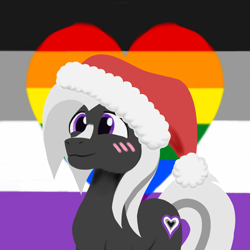 Size: 1440x1440 | Tagged: safe, artist:rockhoppr3, imported from derpibooru, oc, oc only, oc:ace hearts, earth pony, pony, asexual pride flag, blushing, christmas, gay pride flag, hat, holiday, male, pride, pride flag, rainbow flag, santa hat, solo