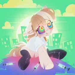 Size: 1500x1500 | Tagged: safe, artist:tsarstvo, imported from derpibooru, oc, oc only, earth pony, pony, clothes, drug use, drugged, drugs, ear fluff, female, floppy ears, mare, rainbow eyes, solo, stockings, thigh highs