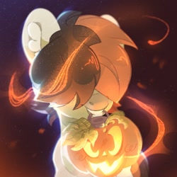 Size: 1438x1438 | Tagged: safe, artist:tsarstvo, imported from derpibooru, oc, oc only, earth pony, pony, ambiguous gender, hair over eyes, halloween, holiday, mouth hold, pumpkin, solo