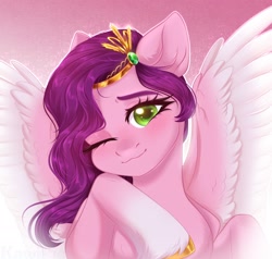 Size: 1800x1712 | Tagged: safe, artist:kawipie, imported from derpibooru, pipp petals, pegasus, pony, adorapipp, bust, chest fluff, crown, cute, ear fluff, female, g5, head tilt, jewelry, looking at you, mare, my little pony: a new generation, one eye closed, regalia, solo, spread wings, unshorn fetlocks, wings, wink, winking at you