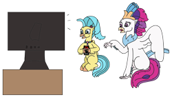 Size: 2772x1595 | Tagged: safe, artist:supahdonarudo, imported from derpibooru, princess skystar, queen novo, classical hippogriff, hippogriff, series:novoember, my little pony: the movie, concerned, cute, excited, holding, jewelry, jurassic park, necklace, simple background, sitting, skyabetes, television, transparent background, vhs, watching tv