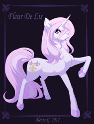 Size: 900x1190 | Tagged: safe, artist:kvalificatsia, imported from derpibooru, fleur-de-lis, pony, unicorn, dark background, female, looking at you, mare, open mouth, raised leg, solo