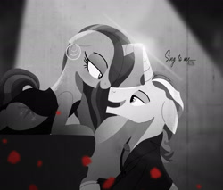 Size: 1920x1636 | Tagged: safe, artist:bearmation, imported from derpibooru, flim, twilight sparkle, pony, unicorn, boop, crack shipping, ear piercing, earring, female, horn, horns are touching, jewelry, looking at each other, looking into each others eyes, male, mare, monochrome, noir, noseboop, piercing, shipping, stallion, straight, twiflim, unicorn twilight