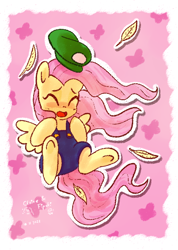 Size: 600x841 | Tagged: safe, artist:fipoki, imported from derpibooru, fluttershy, pegasus, pony, abstract background, blushing, cap, clothes, cosplay, costume, crossover, cute, eyes closed, feather, female, hat, luigi, luigi's hat, mare, mario party, open mouth, outline, overalls, shyabetes, solo, spread wings, super mario bros., white outline, wings