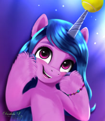 Size: 1730x1982 | Tagged: safe, artist:darksly, imported from derpibooru, izzy moonbow, pony, unicorn, ball, body pillow, bracelet, commission, female, g5, horn, hornball, izzy's tennis ball, jewelry, my little pony: a new generation, open mouth, preview, tennis ball