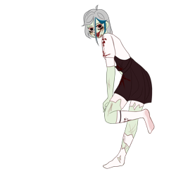 Size: 1024x1024 | Tagged: safe, artist:idkhesoff, derpibooru exclusive, imported from derpibooru, oc, oc only, oc:elizabat stormfeather, human, undead, zombie, alternate hairstyle, blood, blushing, clothes, costume, female, halloween, halloween costume, holiday, humanized, humanized oc, lipstick, overalls, ripped stockings, shirt, simple background, skirt, socks, solo, stocking feet, stockings, t-shirt, thigh highs, torn clothes, torn socks, transparent background, wings