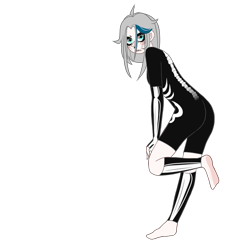 Size: 1024x1024 | Tagged: safe, artist:idkhesoff, derpibooru exclusive, imported from derpibooru, oc, oc only, oc:elizabat stormfeather, human, alternate hairstyle, barefoot, bodysuit, bone, clothes, costume, eyeshadow, face paint, feet, female, halloween, halloween costume, holiday, humanized, humanized oc, makeup, simple background, skeleton, solo, transparent background