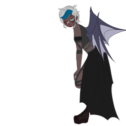 Size: 1024x1024 | Tagged: safe, artist:idkhesoff, derpibooru exclusive, imported from derpibooru, oc, oc only, oc:elizabat stormfeather, human, alternate hairstyle, blushing, boots, clothes, costume, dark skin, dress, female, grin, halloween, halloween costume, holiday, humanized, humanized oc, lipstick, midriff, one eye closed, shoes, simple background, smiling, solo, transparent background, winged humanization, wings, wink