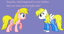 Size: 946x507 | Tagged: safe, artist:seanthedragonpony, imported from derpibooru, shady, surprise, earth pony, pegasus, pony, adoraprise, baby, clothes, costume, cute, duo, female, flower, footed sleeper, footie pajamas, g1, g1 shadybetes, g1 to g4, g4, generation leap, mare, onesie, pajamas, pink text, purple background, raised hoof, raised leg, simple background, smiley flower, smiling, surprise being surprise, talking, text