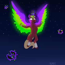 Size: 640x640 | Tagged: safe, artist:artfoxden, imported from derpibooru, sprout cloverleaf, alicorn, pony, corrupted, earth pony crystal, evil, flying, g5, magic, magic aura, night, pegasus crystal, race swap, solo, unicorn crystal